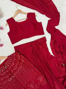 Sari en soie georgette rouge à sequins Shivam Hub, longueur ras du sol, séchage rapide, style Bollywood, avec blouse, pour mariage et soirée, pour femme - Product Image 5