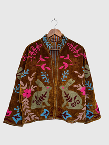 Brown Velvet Embroidered Rabbit Floral Jacket Full Sleeve Stand Collar Adult Women'<b>s</b> Autumn Wear Prairie Chic Style - Product Image 1