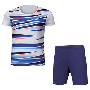 Men's Blue Sublimated Tennis Shirt With Pink Stripes And Black Shorts Set Crew Neck Short Sleeve Moisture Wicking <b>Athletic</b> Wear - Product Image 2