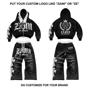 ชุดเซ็ตแทรคสูทผู้ชาย ZAINI สำหรับฤดูหนาว สไตล์สตรีทแวร์ ผ้าหนา 350gsm ผ้าฝ้าย 100% สีดำขาว แบบครอป ฮู้ดตัดต่อ พร้อมปักโลโก้ตามสั่ง - Product Image 1