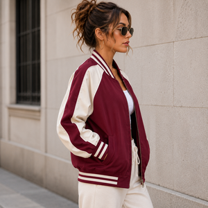 Veste universitaire pour femme, couleur marron et blanc contrasté, fermeture éclair, manches longues, col montant, tenue d'automne - Product Image 5