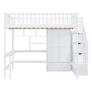 Letto a soppalco bianco full-size con libreria, cassetti, scrivania e armadio - Set di mobili per bambini - Product Image 4