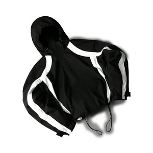 Black Hooded <b>Racer</b> <b>Jacket</b> With White Stripes Windproof Zipper Closure Sporty Autumn Wear Loose Fit Polyester Material - Product Image 6
