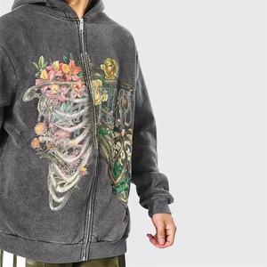 Heavyweight Street-Sudadera con capucha para hombre, de algodón, de gran tamaño, con cremallera en el hombro y cremallera, con diseño de esqueleto de diamantes de imitación, logotipo personalizado - Product Image 5