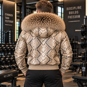 Men Fashion Python <b>Leather</b> Bomber <b>Jacket</b> with Fox Fur Collar Hood Premium <b>Biker</b> Coat | Herren Lederjacke | Chaqueta Hombre Cuero - Product Image 2