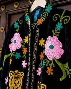 Luxurious Feel Tiger Embroidered <b>Velvet</b> Jacket Black Floral Boho <b>Coat</b> Artisan Suzani Everyday Bohemian Looks Statement Outerwear - Product Image 5