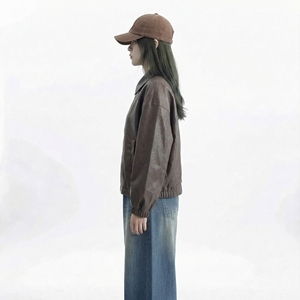 Chaqueta Bomber de Cuero Sintético para Mujer, Cuello Alto, Manga Abullonada, Color Sólido, Corta, Estilo Otoñal - Product Image 2
