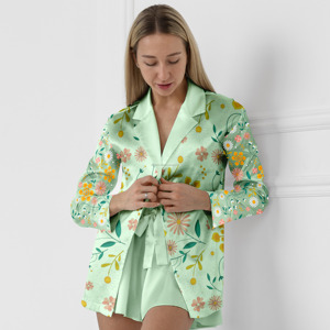 ยาวลําลองผู้หญิงเสื้อผ้าไหม 100% จีนพิมพ์รูปแบบ Peter Pan คอ ruffled ทอผ้าเครปปุ่มฤดูใบไม้ผลิ - Product Image 1