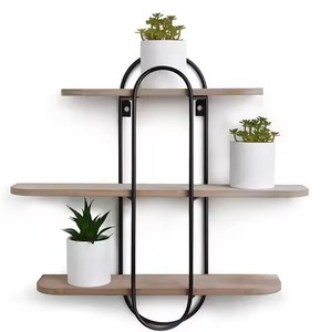 Tough Quality Wall Mounted Shelf With Wood Top Double Tier Iron Frame For Living Room <b>Storage</b> Wall Shelve - Product Image 3
