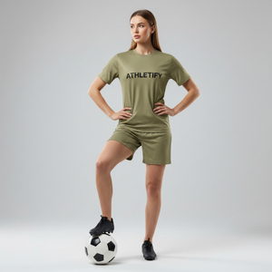 ชุดฟุตบอลหญิง เสื้อเจอร์ซีย์ กางเกงขาสั้น แห้งเร็ว ระบายอากาศ ซับเหงื่อ คอปก แขนครึ่งตัว เอวยางยืด ชุดทีม กีฬา - Product Image 1