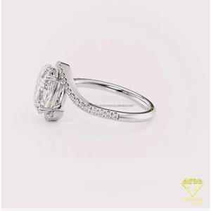Bague de fiançailles ovale en diamant de laboratoire avec halo croisé en or blanc, bande torsadée pavée, pour femme, idéale pour les mariages et les promesses - Product Image 5