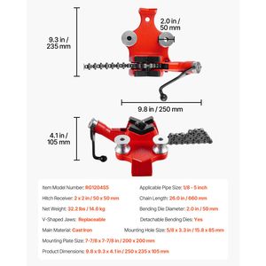 Morsa a catena manuale per tubi per impieghi gravosi con capacità di 1/8" e 5", base robusta in ghisa da 26", supporto per morsa regolabile con attacco a gancio - Product Image 3