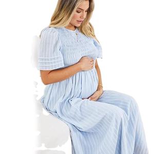 Vestido de Maternidad de Talla Grande para Lactancia, Tejido a Crochet, Liso, de Muselina, Color Sólido, Elegante, con Spandex, Largo, Maxi - Product Image 2