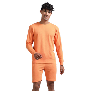 <b>Men's</b> <b>Orange</b> Crew Neck <b>Sweatshirt</b> and Shorts Set Solid Color Knitted Breathable Casual Summer Outfit - Product Image 2