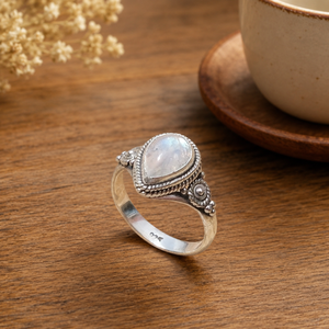 925 Sterling <b>Silver</b> Pear Rainbow Moonstone Vintage Rope Bezel Artisan Boho <b>Statement</b> <b>Ring</b> Rose Gold & Yellow Gold Plated - Product Image 1