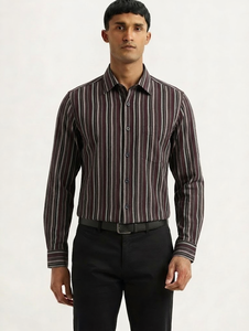 Chemise décontractée d'été Enovate pour homme, à double boutonnage, manches longues, respirante, 100 % coton tissé, à rayures, avec logo au col arrière - Product Image 2