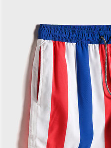 Shorts de Baño para Hombre, de Secado Rápido, con Rayas Rojas, Blancas y Azules, Cintura Media, Cordón Ajustable, Estampado por Sublimación - Product Image 4