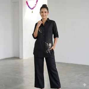 Tunique noire brodée pour femme avec manches longues, motif floral, coupe ample, ensemble décontracté toutes saisons - Product Image 1