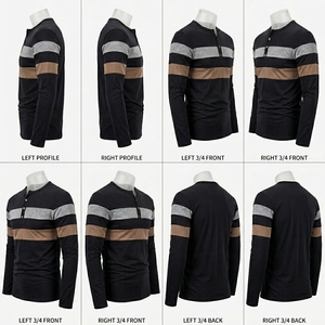 Mens Black Henley Shirt Long Sleeve Color Block T Shirts Fashion Striped Cut Sew Cotton Knit Casual Pullover Tee Shirts - Product Image 5