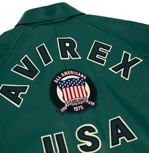 Chaqueta Bomber Avirex de Cuero Vacuno Verde Bosque para Hombre, Estilo Urbano, con Ribete Frontal de Punto y Puños a Rayas, Cuello de Solapa de Cuero - Product Image 6