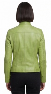 Veste d'hiver en cuir véritable vert citron pour femme, col montant, style motard, coupe ajustée, effet vieilli, fournisseur ODM en gros - Product Image 2