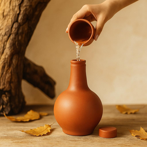 Handcrafted Terracotta Clay Surahi <b>Water</b> Bottle with Stainless Steel Cap Traditional Earthenware <b>Water</b> Jug for Home Kitchen and - Product Image 3