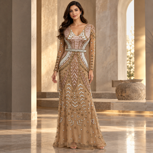 Dramatic Embellished Evening Gown Deep V Neck Sheer Full Sleeves | Geometric Beadwork Narrow Waist Floor Length Chic Party <b>Dress</b> - Product Image 2