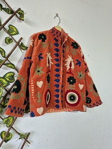 Premium Orange Soft <b>Velvet</b> Suzani Embroidery <b>Jacket</b> Love & Floral Print Full Sleeve Stand Collar Boho Chic <b>Women's</b> Autumn Coat - Product Image 1