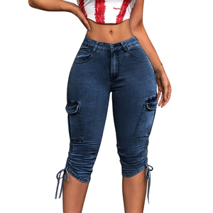 Women <b>Stretch</b> <b>Denim</b> Breathable Washed Cargo Capri Jeans Skinny Mid Rise Drawstring Hem Multi Pocket Casual Cropped Pants Summer - Product Image 1