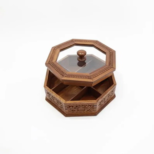 Boîte à épices en bois sculptée à la main avec couvercle en verre |   Boîte à masala à 6 compartiments | - Product Image 2