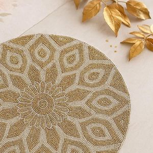 SET of 2 Floral Gold & Ivory <b>Beaded</b> Eco-Friendly <b>Placemats</b> Handmade Round Home Use Decorative Table Mats for Elegant Dining - Product Image 1