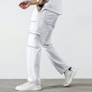 Pantalon cargo blanc pour homme, grande taille, taille mi-haute, coupe ample, décontracté, couleur unie, 100% coton, denim, poche plaquée, taille élastique - Product Image 4
