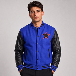 Men's Blue Varsity <b>Jacket</b> Black Leather Sleeves Embroidered <b>Star</b> Front Button Closure Casual Autumn Wear Regular Fit - Product Image 4