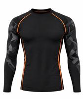 Rashguard pour homme à manches longues, col rond, noir avec bordure orange, imprimé géométrique, écologique, anti-UV, séchage rapide, en Spandex et Polyester, pour activités de plein air