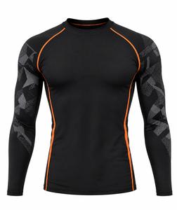 Camiseta Deportiva de Manga Larga para Hombre, Cuello Redondo, Negra con Detalles Naranjas, Estampado Geométrico, Ecológica, Anti-UV, Secado Rápido, Spandex, Poliéster, para Actividades al Aire Libre - Product Image 1