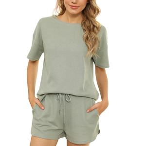 Service OEM ODM de haute qualité – Ensemble décontracté d'été pour femme : T-shirt à manches courtes et short en maille unie - Product Image 2