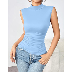 Camiseta sin mangas de cuello alto para mujer, hecha a medida, de moda, ajustada, elástica, de spandex/poliéster, con bordado, de color liso. - Product Image 2