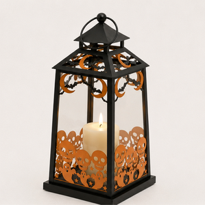 Portavelas Decorativo de Metal para Halloween, Color Negro Mate, con Diseño de Fantasma y Casa Embrujada, para Colgar o Apoyar en Mesa - Product Image 1