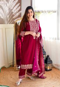 Women Traditional <b>Viscose</b> Velvet Embroidery Lace Work <b>Top</b> Ankle-Length Bottom Suit Wrinkle Free Sun Protection Party Wear - Product Image 2