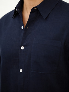 Men's Navy Blue Short Sleeve Cotton Shirt Solid Casual Button Down Woven Fabric Summer Style Summer Woven Fabric Button Collar - Product Image 6