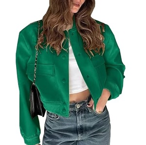 <b>Women's</b> <b>Navy</b> Blue Varsity <b>Jacket</b> Full Sleeve Button Up Collar Short Length Solid Color Polyester Outerwear Autumn Style - Product Image 4