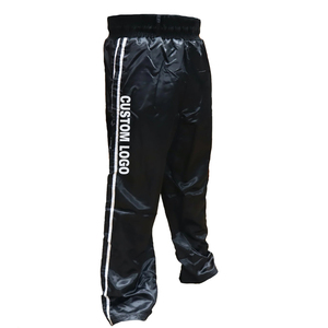 Pantalones de Kickboxing Negros de Alta Calidad, Satinados con Rayas Blancas, Mejor Proveedor, Servicio OEM, Ecológicos, Ligeros, para Hombre - Product Image 1
