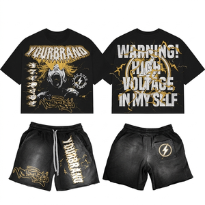 Women Premium Cotton Graphic T Shirt and Shorts Set Lightning Screen Print Custom Logo Streetwear 100% Cotton T shirt & Shorts - Product Image 1