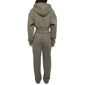Ensemble 2 pièces pour femme : sweat à capuche court et pantalon de jogging en molleton vert olive uni, coupe décontractée, idéal pour l'hiver - Product Image 6