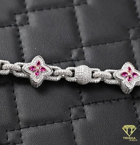 Pulsera de eslabones de flores de Plata de Ley 925 de lujo para mujer, pétalos de piedra roja VVS, acentos de moissanita, joyería de declaración helada de plata - Product Image 5