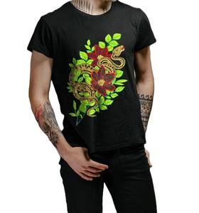 Nueva camiseta bordada con serpientes y flores para hombre, elegante camiseta de algodón negra, top moderno de estilo urbano con diseño floral colorido - Product Image 3