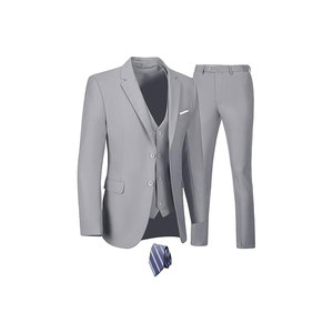 Costume de mariage formel 3 pièces coupe ajustée grande taille avec col mandarin, double boutonnage, effet délavé et détails crochetés, personnalisable avec logo - Product Image 1