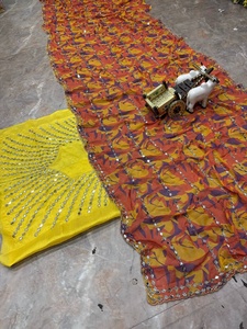 Stylish Women's Yellow <b>Orange</b> Printed <b>Saree</b> With Embroidery And Mirror Work Traditional Indian Wedding And Party Wear - Product Image 3