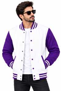 Chaqueta Varsity de Otoño para Hombre, Color Blanco y Morado, con Botones Frontales, Forro de Satén, Cuello Alto, Estilo Béisbol - Product Image 2