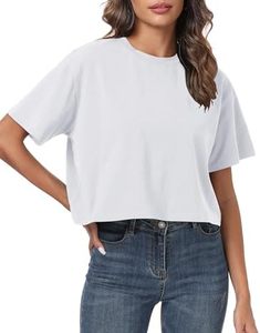 Camiseta Corta Blanca de Cuello Redondo para Mujer, Ajuste Holgado, Color Sólido, Informal, Tejido de Punto Jersey, Transpirable, para Primavera/Verano - Product Image 4